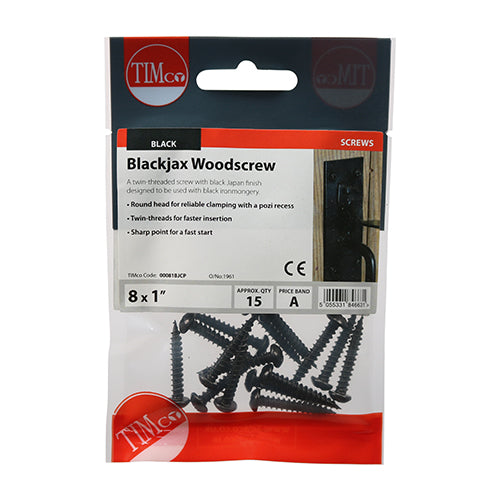 TIMCO Twin-Threaded Round Head Black Woodscrews - 8 x 1 (15pcs)