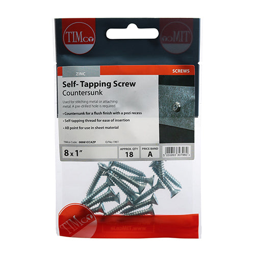 TIMCO Self-Tapping Countersunk Silver Screws - 8 x 1 (18pcs)