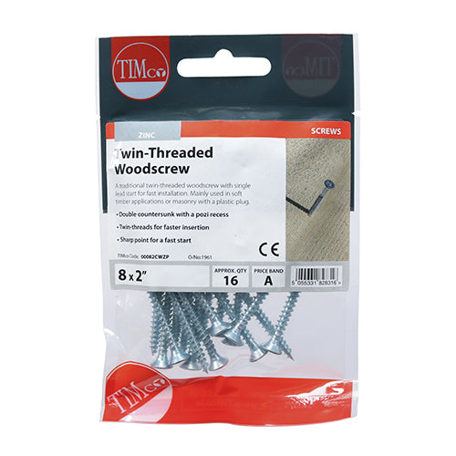 TIMCO Twin-Threaded Countersunk Silver Woodscrews - 8 x 2 (16pcs)