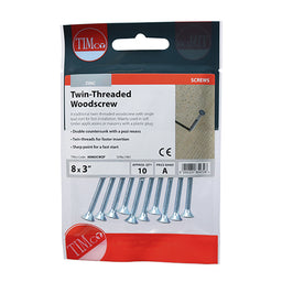 TIMCO Twin-Threaded Countersunk Silver Woodscrews - 8 x 3 (10pcs)
