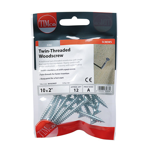 TIMCO Twin-Threaded Countersunk Silver Woodscrews - 10 x 2 (12pcs)