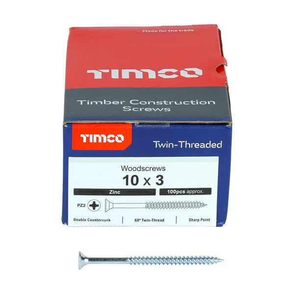 TIMCO Twin-Threaded Countersunk Silver Woodscrews - 10 x 3 (100pcs)