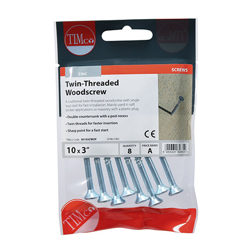 TIMCO Twin-Threaded Countersunk Silver Woodscrews - 10 x 3 (8pcs)