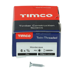 TIMCO Twin-Threaded Countersunk Silver Woodscrews - 6 x 3/4 (200pcs)