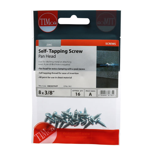 TIMCO Self-Tapping Pan Head Silver Screws - 8 x 3/8 (16pcs)