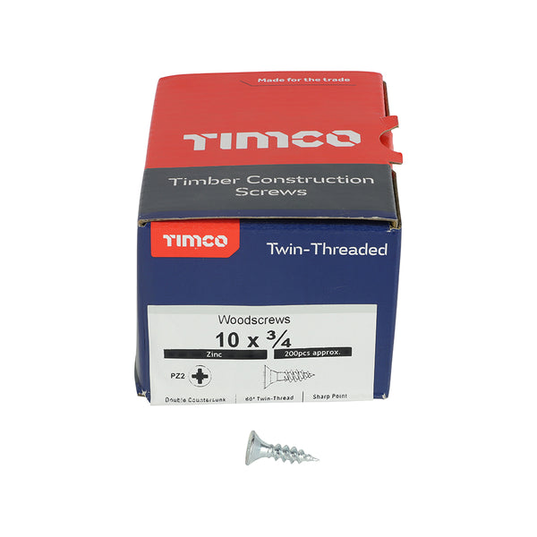 TIMCO Twin-Threaded Countersunk Silver Woodscrews - 10 x 3/4 (200pcs)