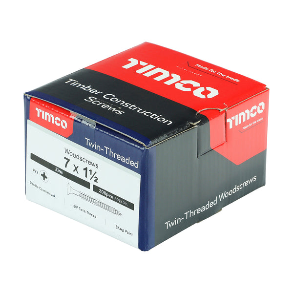 TIMCO Twin-Threaded Countersunk Silver Woodscrews - 7 x 1 1/2 (200pcs)