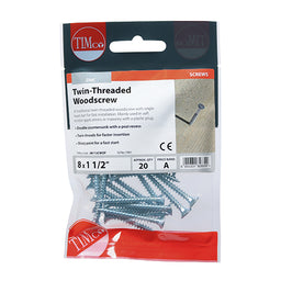 TIMCO Twin-Threaded Countersunk Silver Woodscrews - 8 x 11/2 (20pcs)
