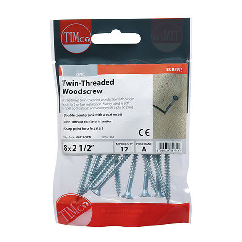 TIMCO Twin-Threaded Countersunk Silver Woodscrews - 8 x 21/2 (12pcs)