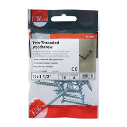 TIMCO Twin-Threaded Countersunk Silver Woodscrews - 10 x 11/2 (15pcs)
