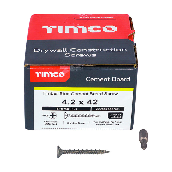 TIMCO Twin-Cut Cement Board Countersunk Exterior Silver Screws - 4.2 x 42 (200pcs)
