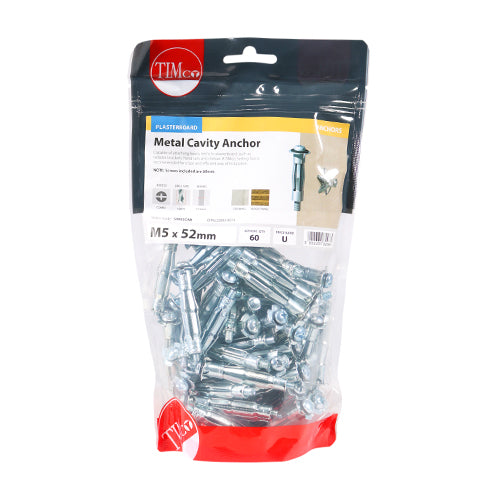 TIMCO Metal Cavity Anchors Silver - M5 x 52 (60mm Screw) (60pcs)
