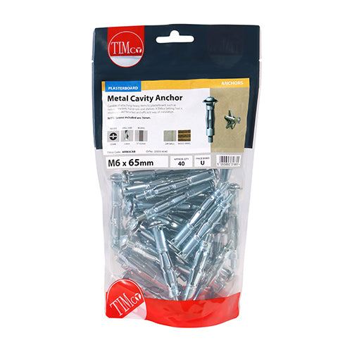 TIMCO Metal Cavity Anchors Silver - M6 x 65 (70mm Screw) (40pcs)