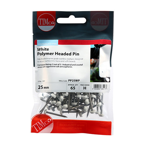 TIMCO Polymer Headed Pins A4 Stainless Steel White - 25mm (65pcs)