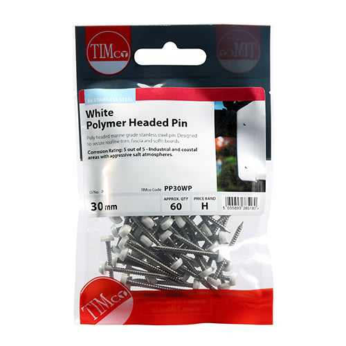 TIMCO Polymer Headed Pins A4 Stainless Steel White - 30mm (60pcs)