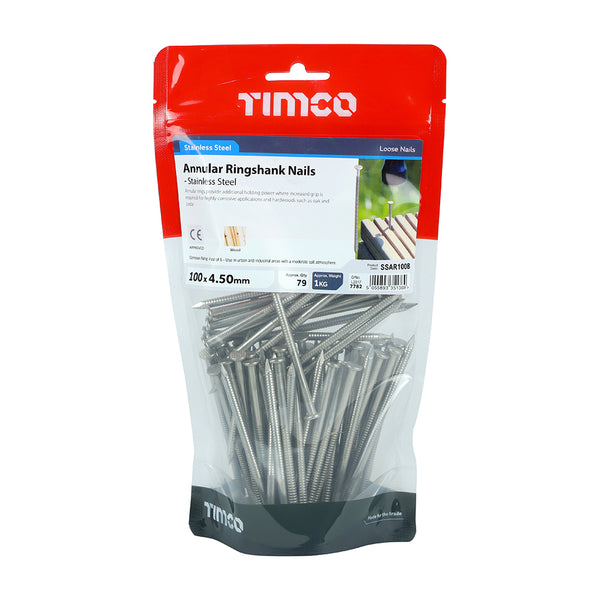 TIMCO Annular Ringshank Nails A2 Stainless Steel - 100 x 4.50 (1kg)