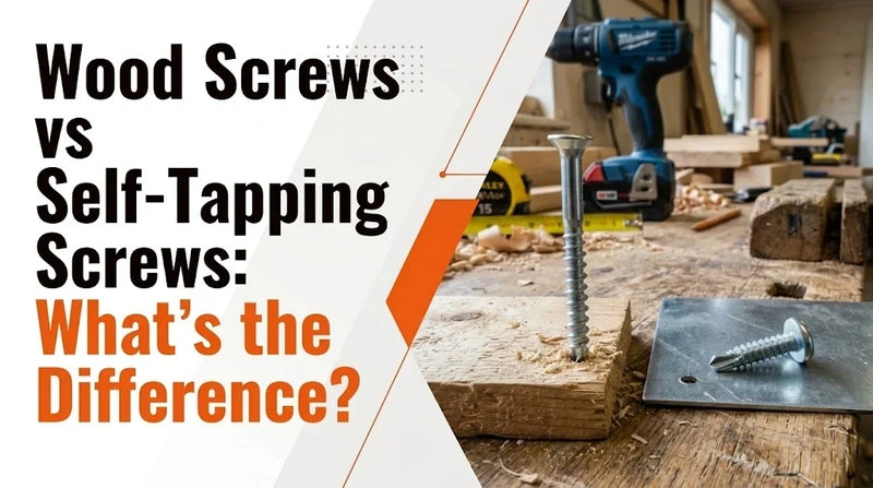 A close-up photograph of a workshop table, featuring a partially driven wood screw into a piece of wood, a drill, and various other tools. The text on the image reads, 'Wood Screws vs Self-Tapping Screws: What's the Difference?'