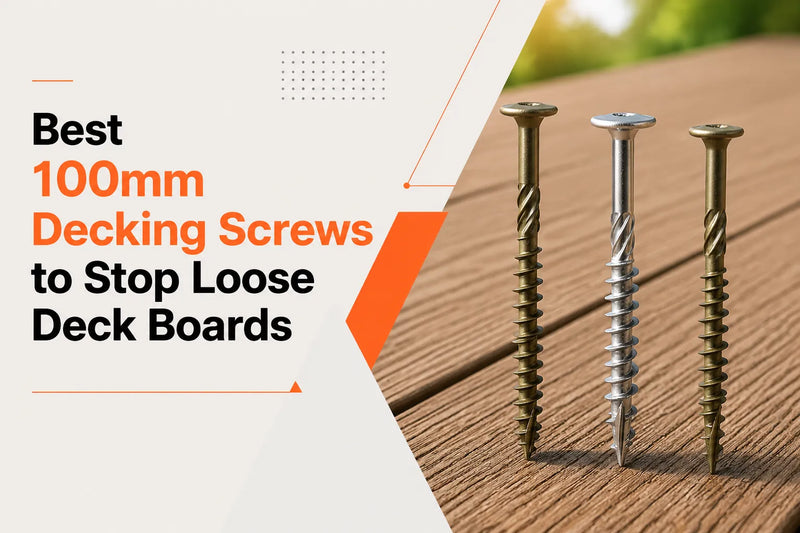 Three 100mm Decking Screws standing on a wooden deck to prevent loose boards.
