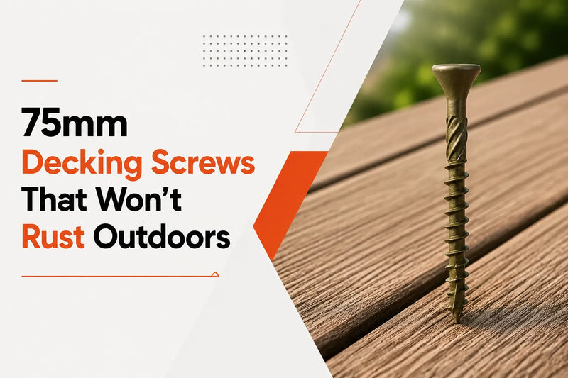Durable 75mm Decking Screws standing on a wooden deck board, featuring a rust-resistant coating for outdoor use.