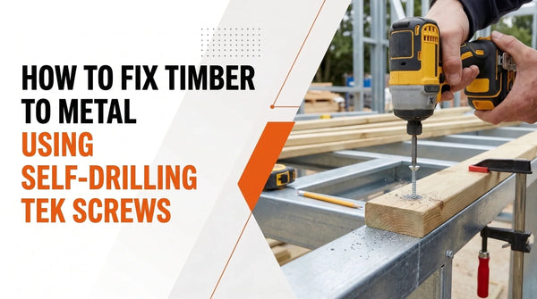 Worker using a power drill to fix a timber beam to a metal frame with a self-drilling TEK screw.