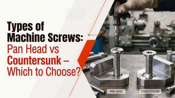 Comparison guide illustrating pan head versus countersunk machine screws threaded into metal brackets on a workshop table.