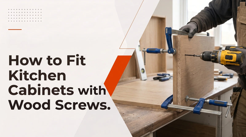 How to fit kitchen cabinets with wood screws, showing kitchen carcass assembly using countersunk screws, clamps and a cordless drill.