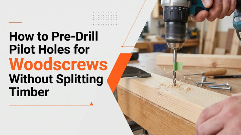 Drilling pilot holes in timber with a power drill to prevent wood from splitting when installing wood screws