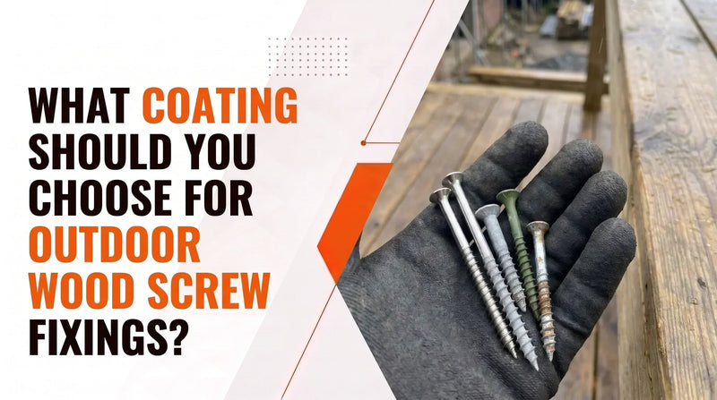 Different coated outdoor wood screw fixings held in a glove, showing corrosion-resistant screws suitable for exterior wood projects and weather protection.