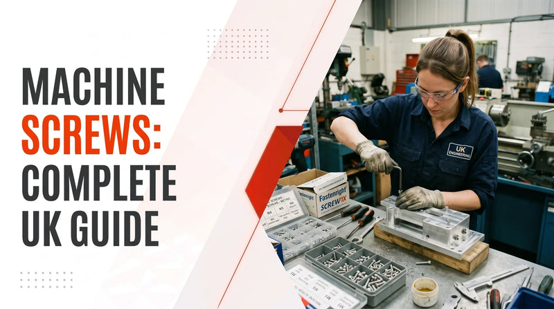 Factory technician wearing safety glasses and work gloves while using a hand tool to assemble metal components at a workshop workbench, illustrating an educational resource titled 'Machine Screws: Complete UK Guide'.