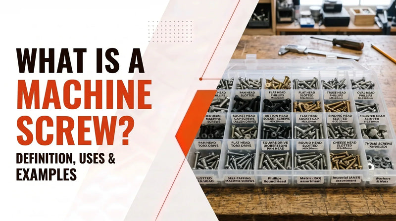 Organized compartment storage box filled with various types of machine screws, fasteners, and hardware on a wooden workbench, illustrating a technical educational guide titled 'What Is a Machine Screw? Definition, Uses & Examples'
