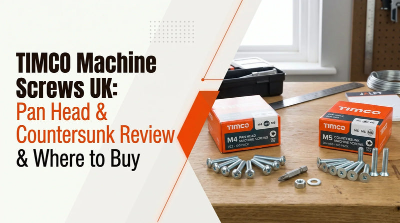 TIMCO machine screws review banner featuring pan head and countersunk hardware boxes displayed on a workshop workbench.