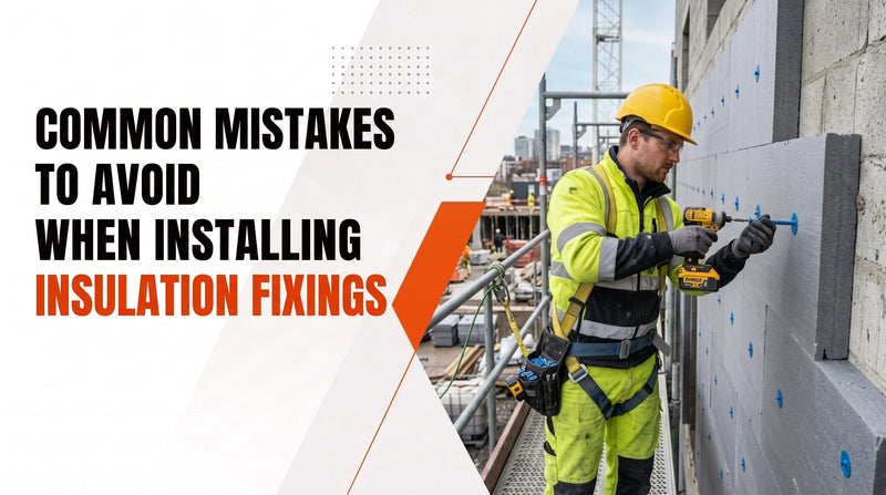 Construction worker on scaffolding using a cordless power drill to install insulation fixings on an exterior wall, illustrating an educational guide titled 'Common Mistakes to Avoid When Installing Insulation Fixings'