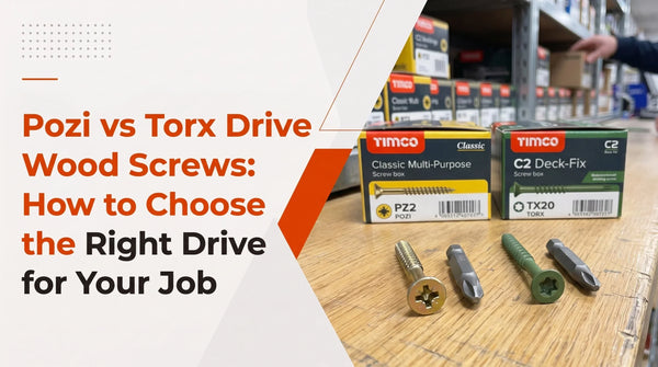 Pozi vs Torx drive wood screws with PZ2 Pozi and TX20 Torx screws, bits, and packaging for DIY and trade woodworking.