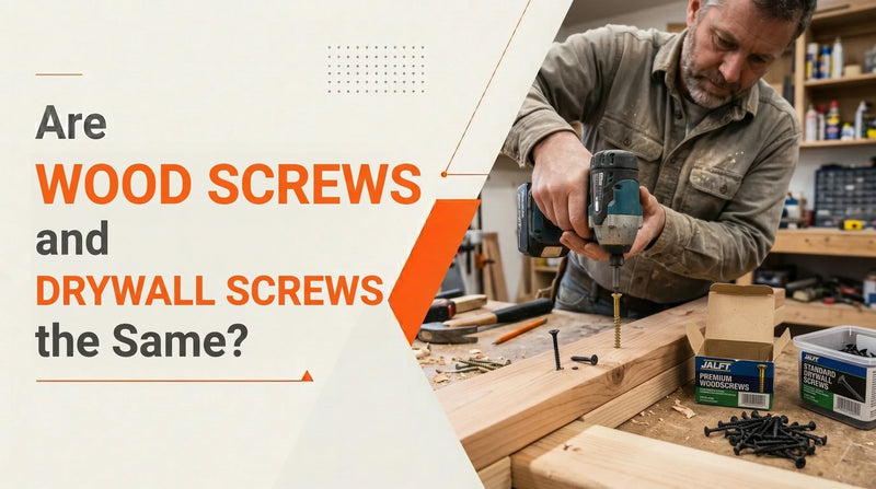 Man using a power drill to install wood screws in timber, comparing wood screws and drywall screws in a workshop.