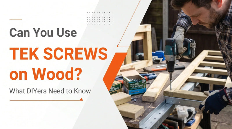 DIYer using a drill to install Tek screws into timber, demonstrating how to use Tek screws on wood for timber-to-metal fixing.