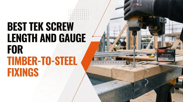 Timber-to-steel fixing demonstration showing a worker using a power drill to install a structural screw through timber into a steel beam, highlighting the best screws for timber-to-steel construction.