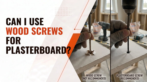 Infographic comparing wood screws versus plasterboard screws, answering the question: can I use wood screws for plasterboard?