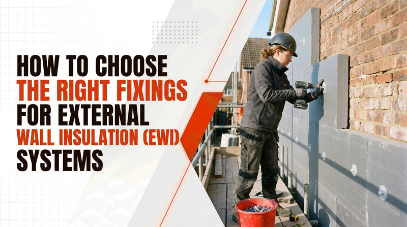 Construction worker on scaffolding using a power drill to install insulation fixings on an exterior brick wall, illustrating a guide titled 'How to Choose the Right Fixings for External Wall Insulation (EWI) Systems'.
