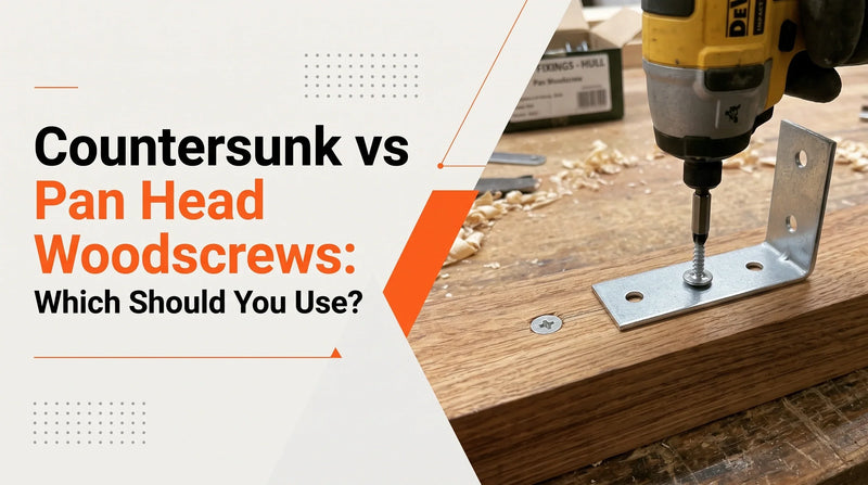 Countersunk vs pan head wood screws compared, showing a drill driving a wood screw into a wooden board with a metal bracket