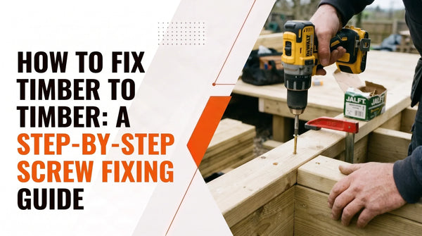 Step-by-step timber fixing guide showing a tradesperson using a cordless drill to drive screws into a wooden frame during a DIY or construction project.