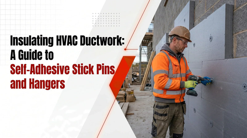 Construction worker wearing a hard hat and hi-vis jacket using a power drill on an insulated wall, illustrating a technical guide titled 'Insulating HVAC Ductwork: A Guide to Self-Adhesive Stick Pins and Hangers'