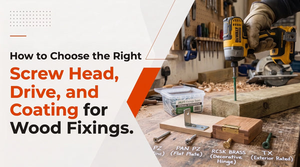 Person using a cordless drill to install wood screws while illustrating how to choose the right screw head, drive type, and coating for wood fixings.