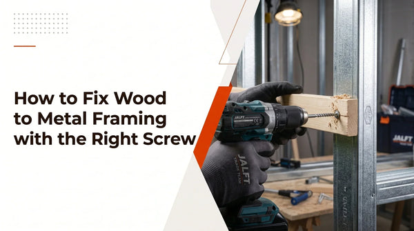 A drill driver fixes a wooden timber beam to metal framing using a screw, with the guide title “How to Fix Wood to Metal Framing with the Right Screw” shown on the left.