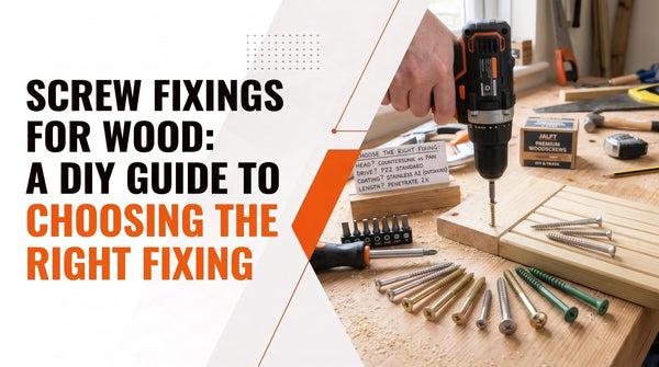 Screw fixings for wood guide showing a drill, wood screws, timber boards and different screw types for choosing the right fixing