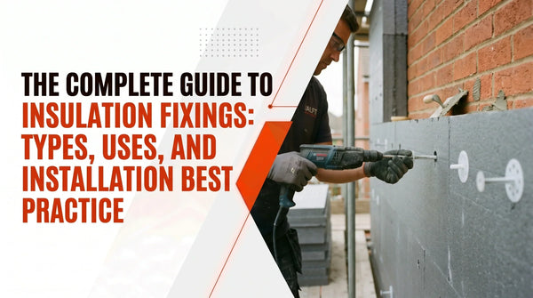 Construction worker drilling and installing insulation fixings on an exterior brick wall for external wall insulation, illustrating a guide to types, uses, and installation best practice.