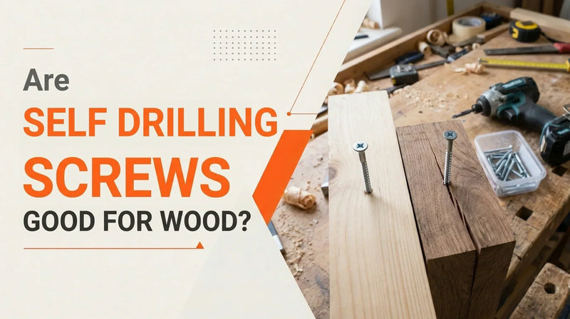 Self-drilling screws driven into light and dark wood planks on a workbench, asking if self-drilling screws are good for wood