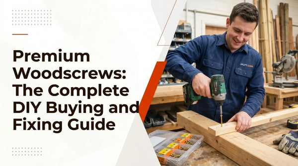 Premium woodscrews DIY buying and fixing guide showing a woodworker using a cordless drill to install a woodscrew into timber.