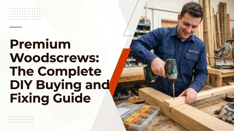 Premium woodscrews DIY buying and fixing guide showing a woodworker using a cordless drill to install a woodscrew into timber.