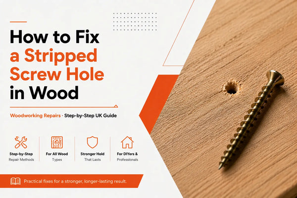 Woodworking guide on how to fix a stripped screw hole in wood featuring a metal screw on a light-grained timber board.