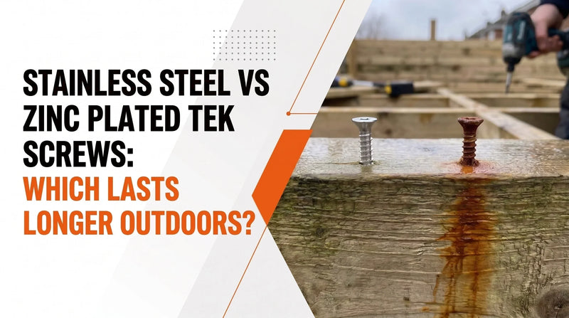 Stainless steel vs zinc plated Tek screws outdoors, showing corrosion on a zinc plated screw compared with a rust-resistant stainless steel screw.